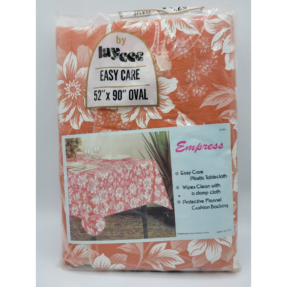 Vintage Retro Plastic‎ Flannel Backed Tablecloth 52 X 90 Oval Red White Floral